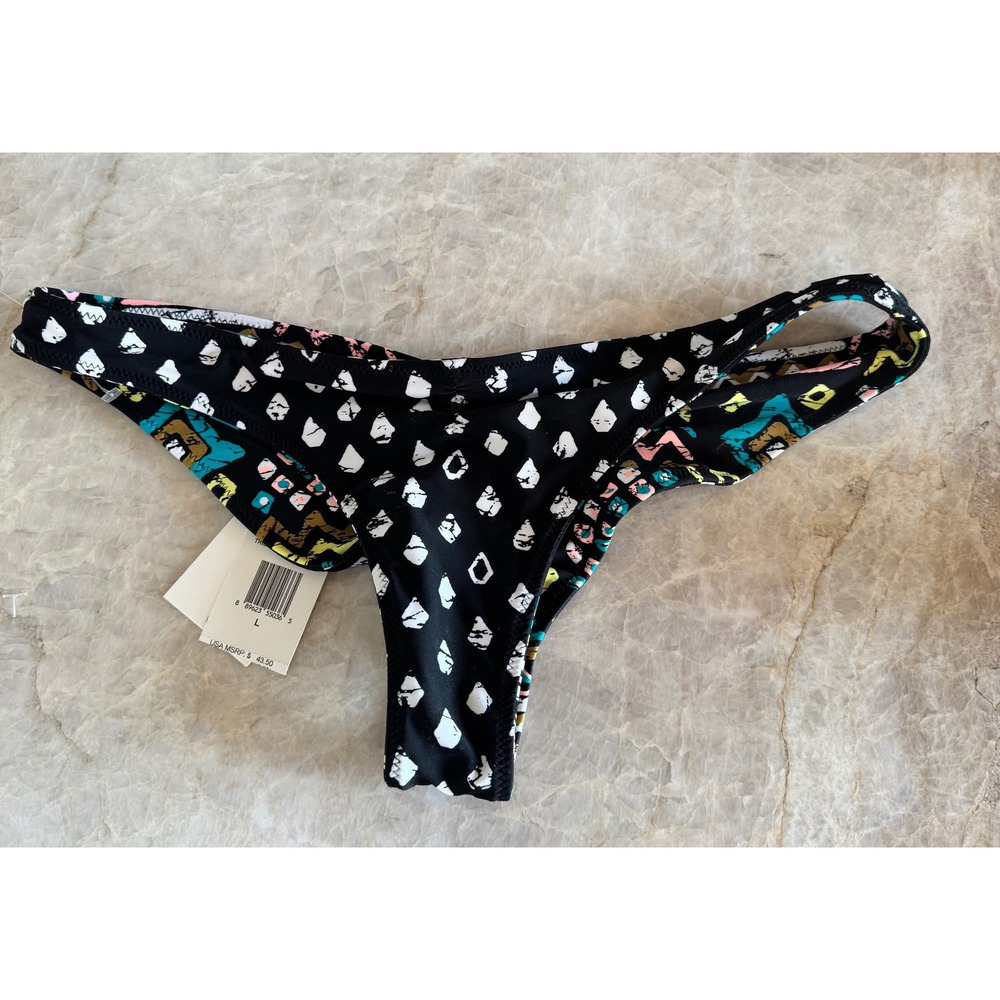 Volcom Simply Solid Reversible V-Bikini Bottoms Black Multi Tribal Print Lg New - Picture 7 of 9